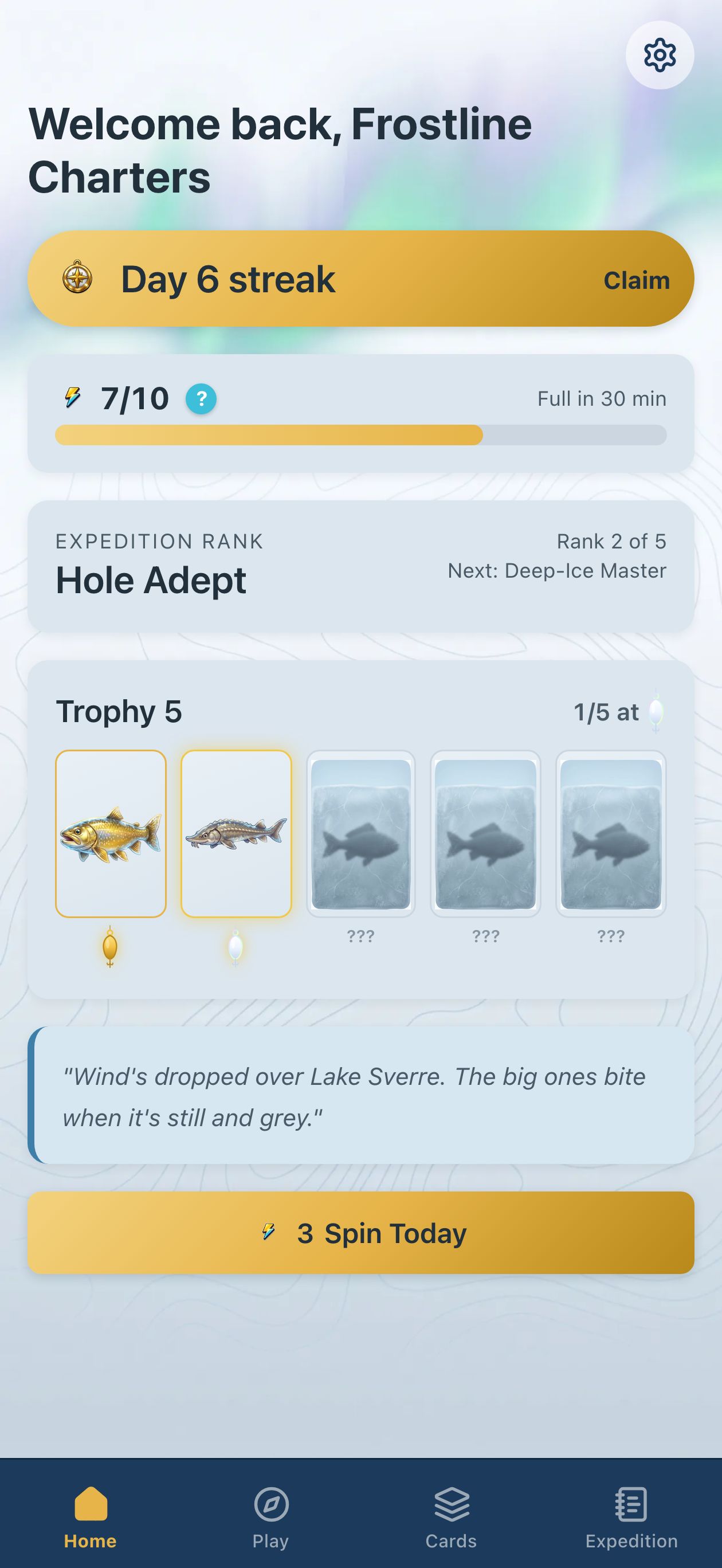 Home &mdash; streak, energy, Trophy 5 progress